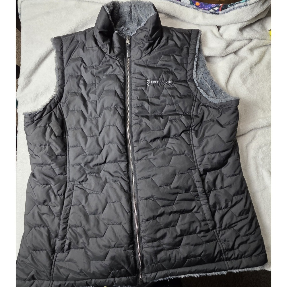 Free Country Womens Reversible Vest Black Quilted Gray Faux Fur Fleece 22" Pit